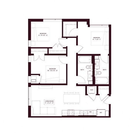 Floor plan for 3 beds, 2 baths