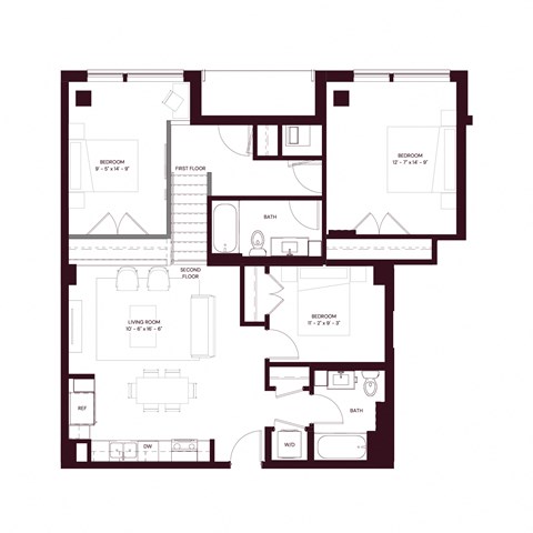 Floor plan for 3 beds, 2 baths, 1202 sqft