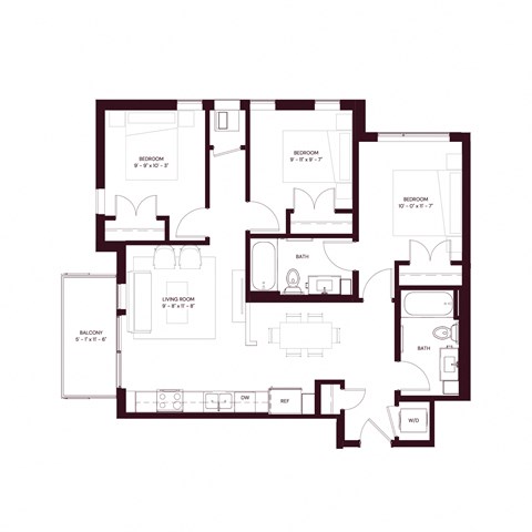 Floor plan for 3 beds, 2 baths, 958 sqft