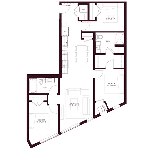 Floor plan for 3 beds, 2 baths, 1068 sqft