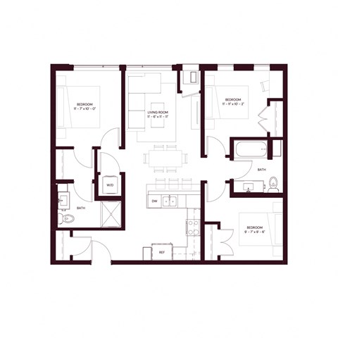 Floor plan for 3 beds, 2 baths