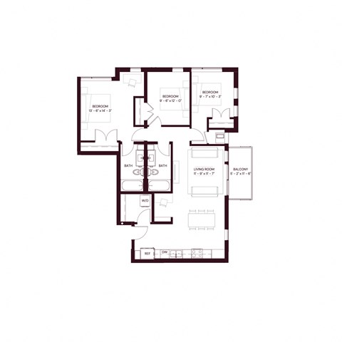 Floor plan for 3 beds, 2 baths, 1140 sqft