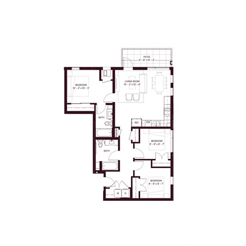 Floor plan for 3 beds, 2 baths, 1038 sqft