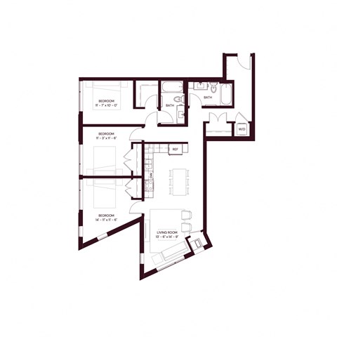 Floor plan for 3 beds, 2 baths, 1202 sqft