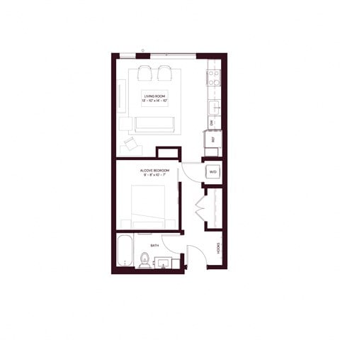 Floor plan for 1 bed, 1 bath, 504 sqft