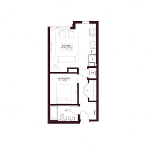 Floor plan for 1 bed, 1 bath, 528 sqft