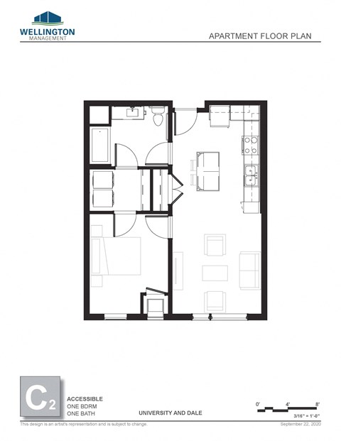 Floor plan for 1 bed, 1 bath, 572 sqft
