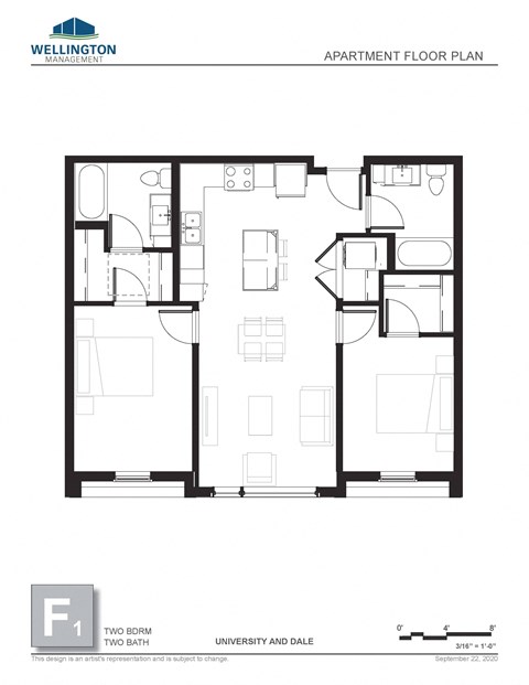 Floor plan for 2 beds, 2 baths, 939 sqft