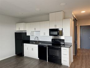 St. Paul apartment for rent - a kitchen with white cabinets and black appliances