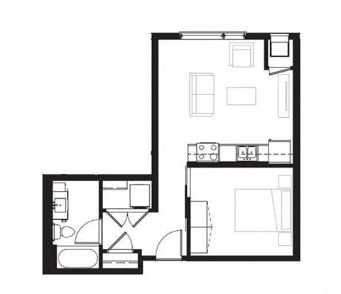 Floor plan for 1 bed, 1 bath, 572 sqft