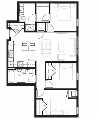 Floor plan for 1 bed, 1 bath, 657 sqft