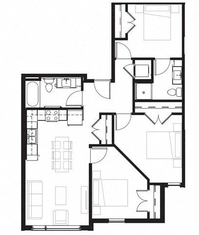 Floor plan for 3 beds, 2 baths, 1022 sqft