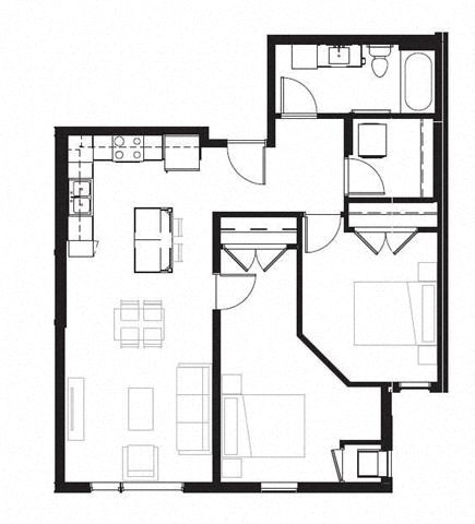 Floor plan for 2 beds, 1 bath, 870 sqft
