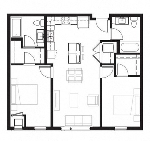 Floor plan for 2 beds, 2 baths, 939 sqft