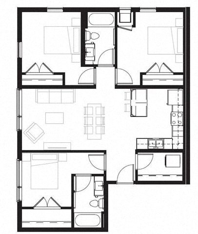 Floor plan for 3 beds, 2 baths, 1113 sqft