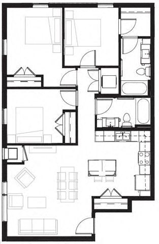Floor plan for 3 beds, 2 baths, 1138 sqft