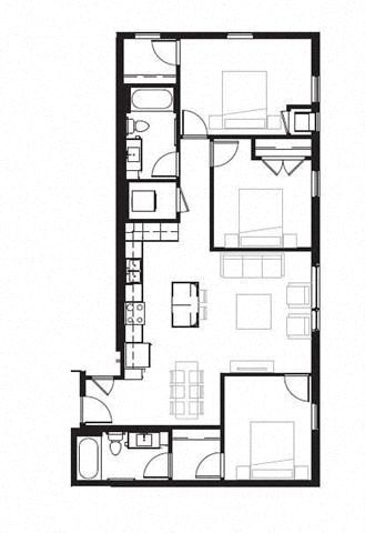 Floor plan for 3 beds, 2 baths, 1234 sqft