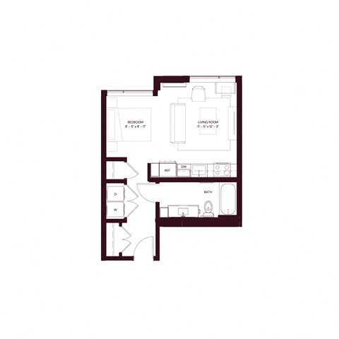 Floor plan for 1 bed, 1 bath, 439 sqft