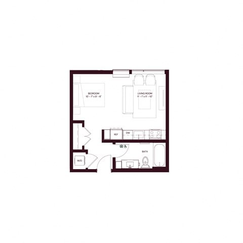 Floor plan for studio, 1 bath, 393 sqft