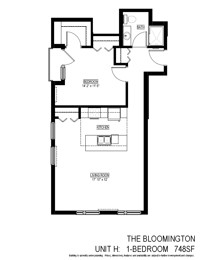 Floor plan for 1 bed, 1 bath, 748 sqft