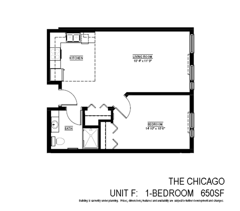 Floor plan for 1 bed, 1 bath, 650 sqft