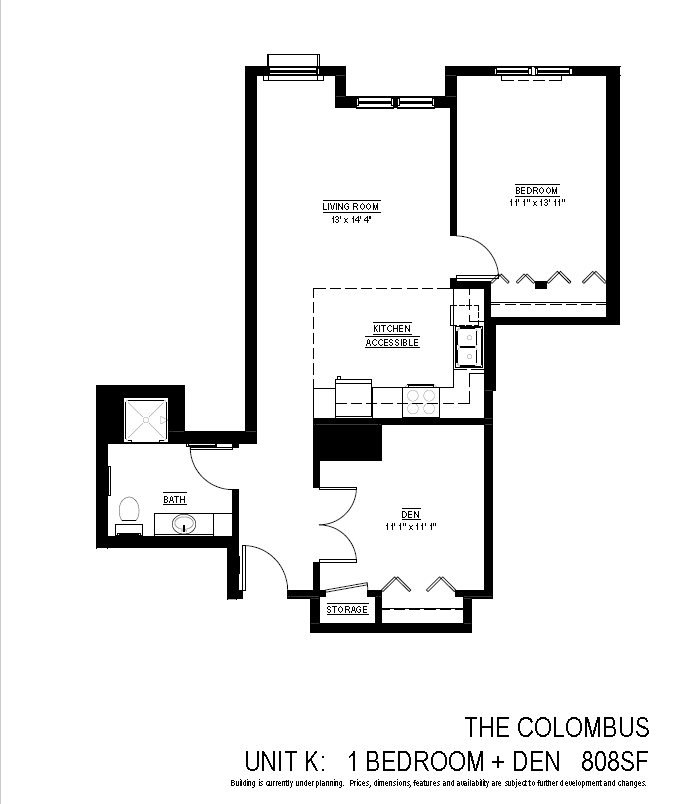 Floor plan for 2 beds, 1 bath, 808 sqft