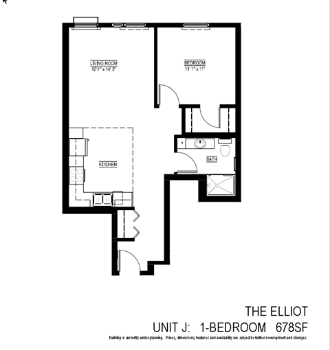 Floor plan for 1 bed, 1 bath, 678 sqft