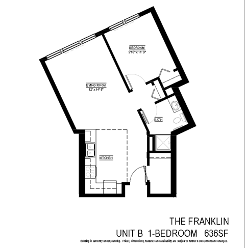 Floor plan for 1 bed, 1 bath, 636 sqft