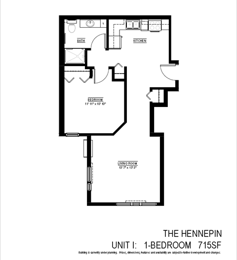 Floor plan for 1 bed, 1 bath, 715 sqft