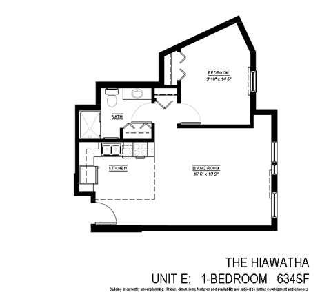 Floor plan for 1 bed, 1 bath, 634 sqft