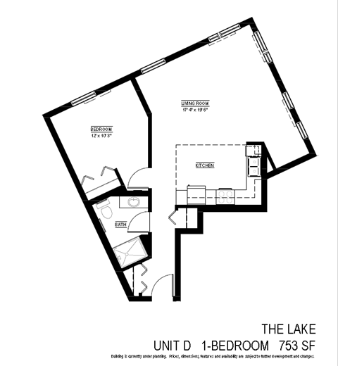 Floor plan for 1 bed, 1 bath, 753 sqft