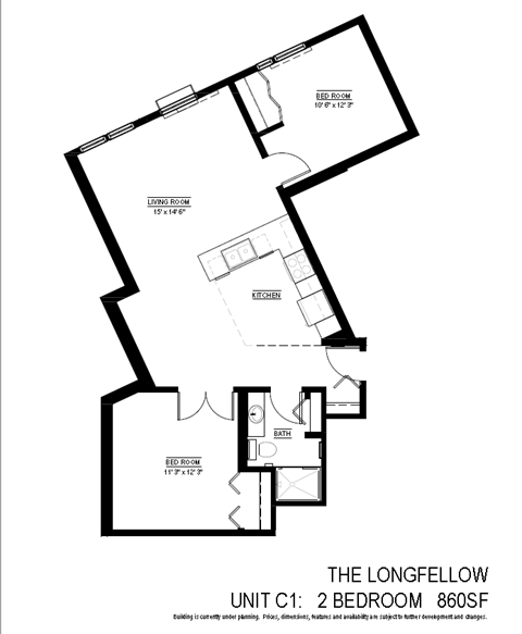 Floor plan for 2 beds, 1 bath