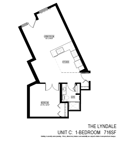 Floor plan for 1 bed, 1 bath, 716 sqft