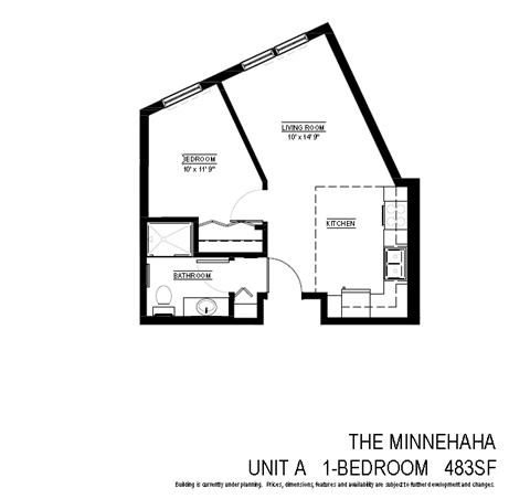 Floor plan for 1 bed, 1 bath, 483 sqft