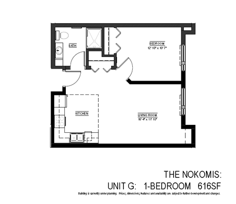 Floor plan for 1 bed, 1 bath, 616 sqft