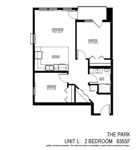 Floor plan for 2 beds, 1 bath, 835 sqft