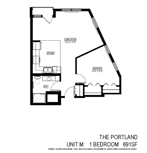 Floor plan for 1 bed, 1 bath, 691 sqft