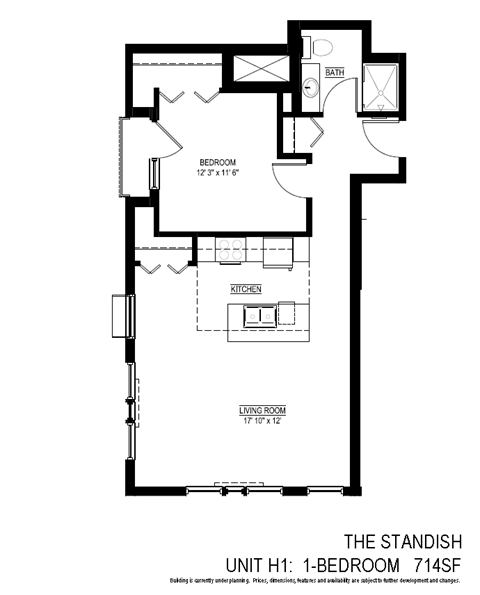 Floor plan for 1 bed, 1 bath