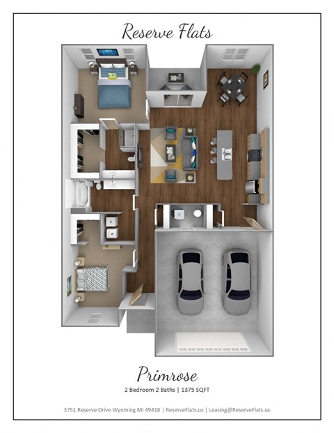 Floor plan for 2 beds, 2 baths, 1375 sqft