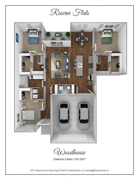 Floor plan for 3 beds, 3 baths, 1670 sqft