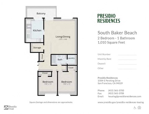 Floor plan for 2 beds, 1 bath, 1010 sqft