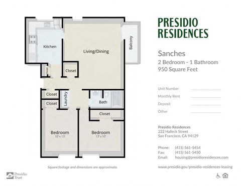 Floor plan for 2 beds, 1 bath, 950 sqft
