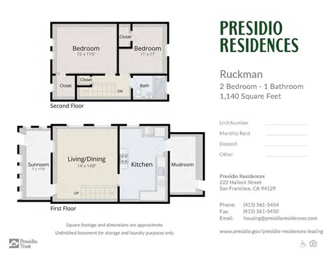 Floor plan for 2 beds, 1 bath, 1140 sqft