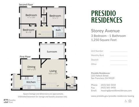 Floor plan for 3 beds, 1 bath, 1250 sqft