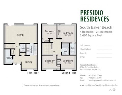 Floor plan for 4 beds, 2.5 baths, 1480 sqft