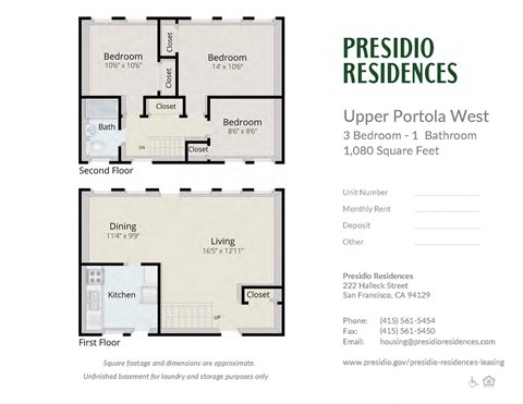 Floor plan for 3 beds, 1 bath, 1080 sqft