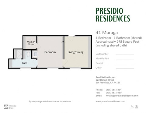 Floor plan for 1 bed, 1 bath, 295 sqft