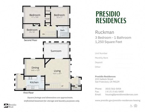 Floor plan for 3 beds, 1 bath, 1250 sqft