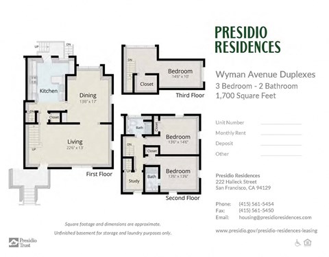Floor plan for 3 beds, 2 baths, 1700 sqft