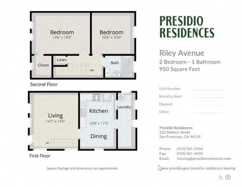 Floor plan for 2 beds, 1 bath, 950 sqft